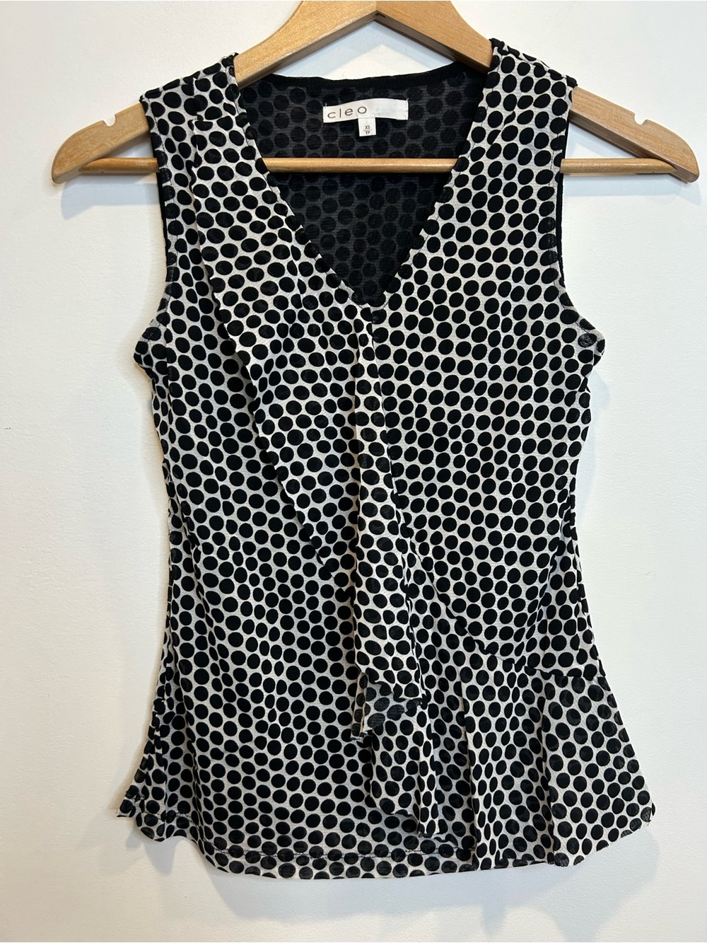 Cleo Polka Dot Ruffle Sleeveless Tank Top Black White Mesh